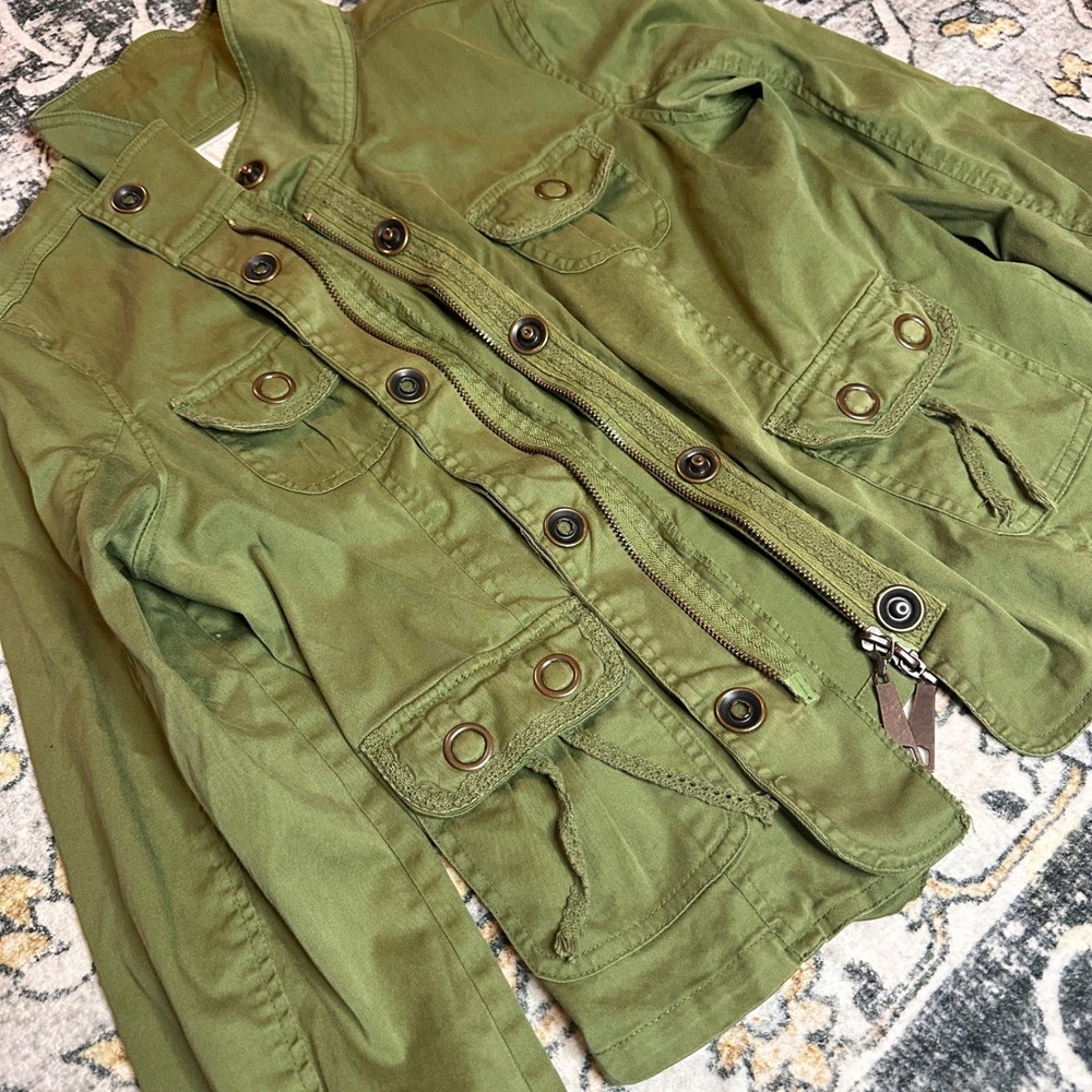 Y2K AMI Olive Green Cargo Utility Jacket Grommet Pockets Juniors Large - Picture 2 of 6